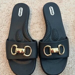 Lonza Black Slip On Sandals Flip Flops Womens Size M/L Gold Hardware Made in USA